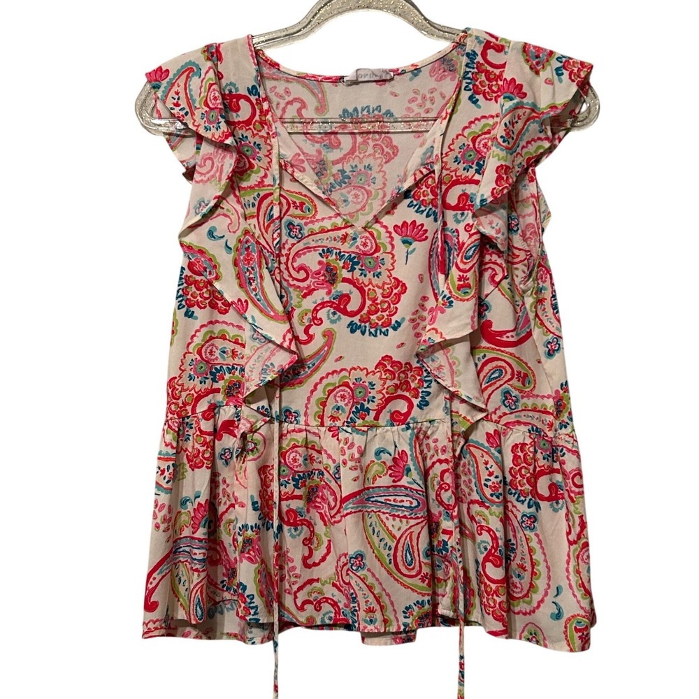 Emily‎ Wonder Pink Blue Paisley Ruffle Peplum V-Neck Tie Top Small